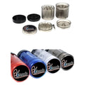 Collection of grinder parts and colorful grinders with 'Extendo' branding on a white background.