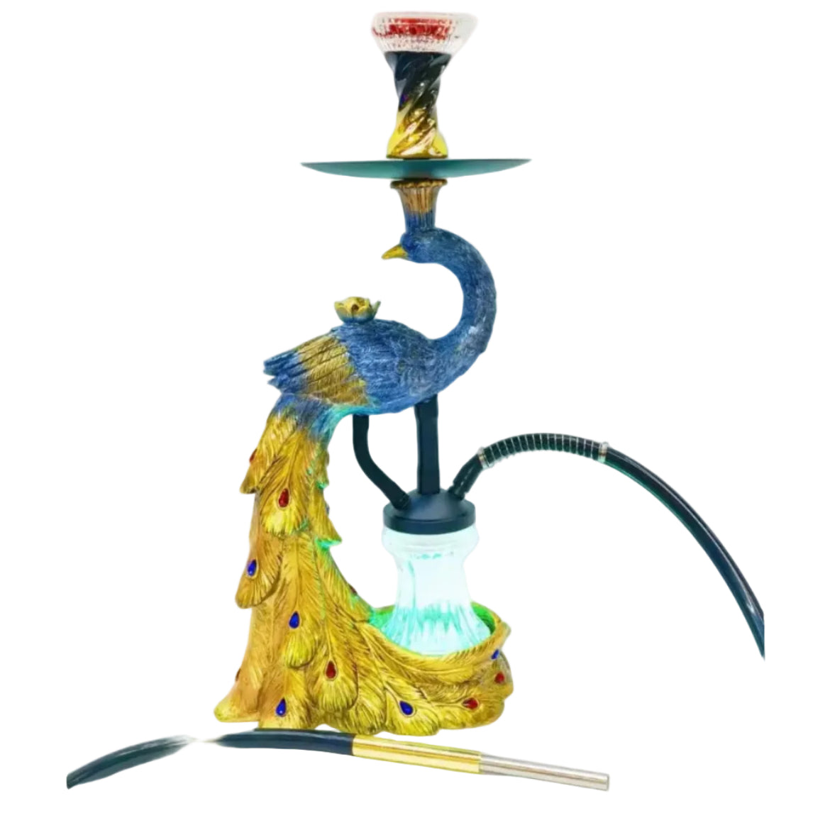 Decorative hookah with peacock design in blue on a white background