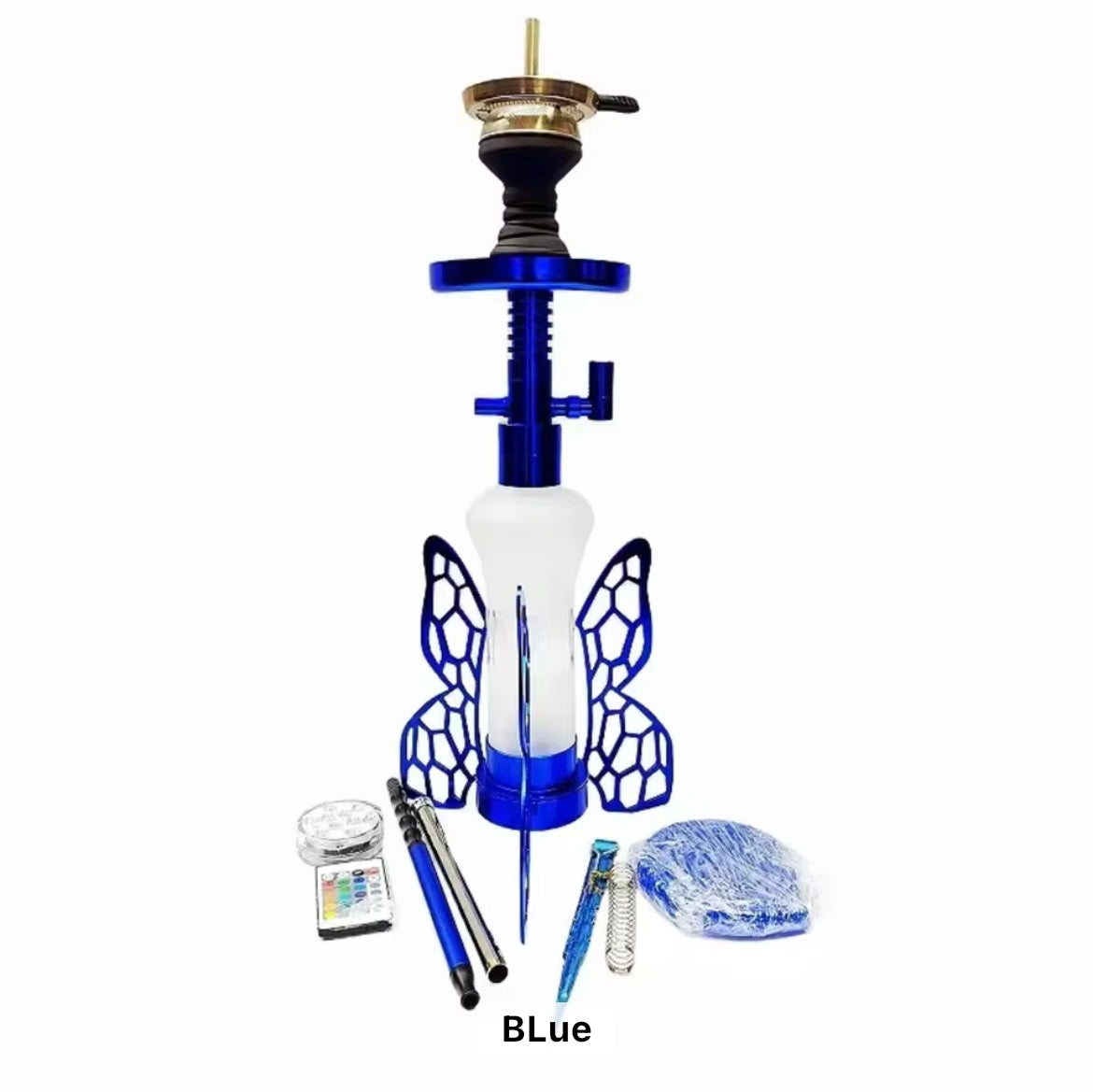 Blue hookah with decorative elements on a white background