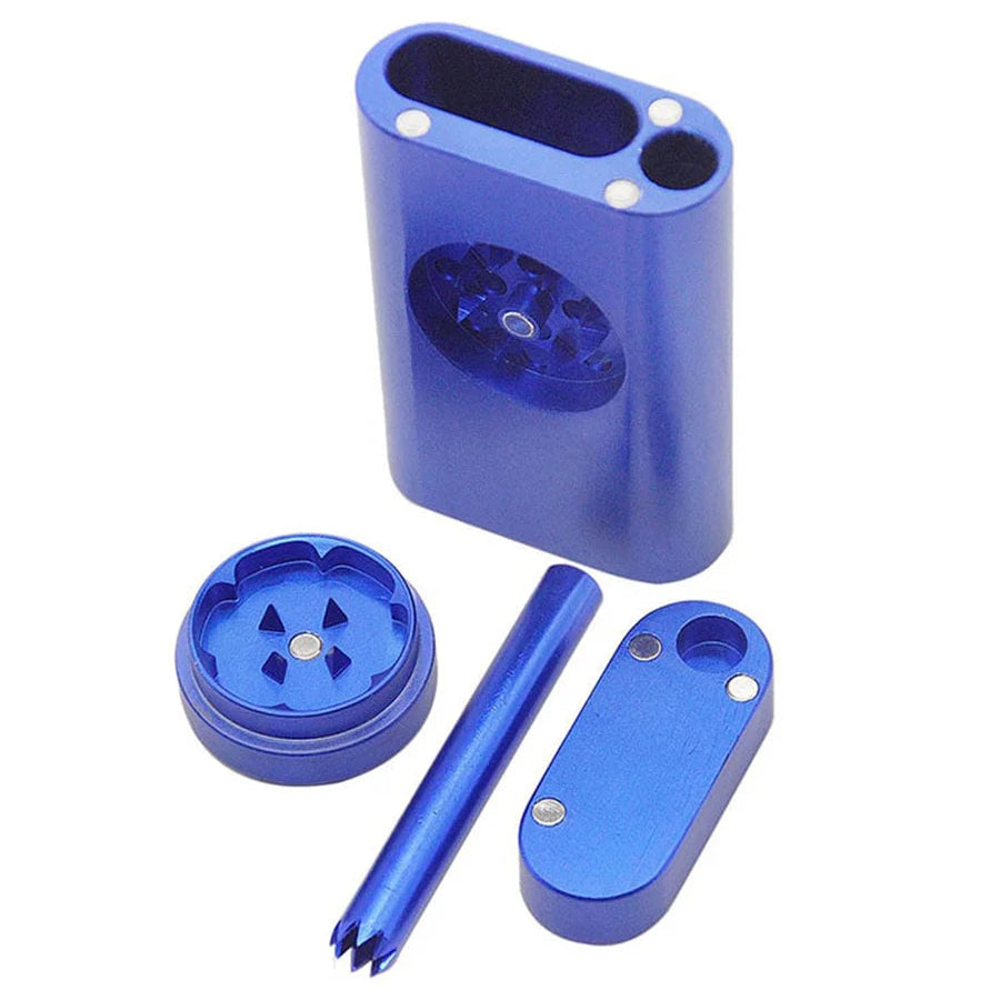 Blue metal grinder with accessories