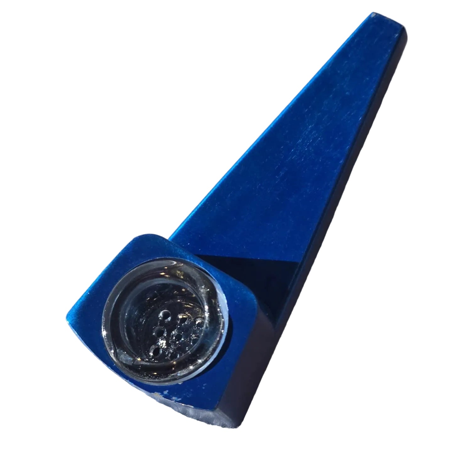 Blue metal pipe with a clear glass bowl