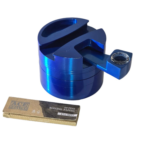 Blue metal grinder with a box of rolling papers