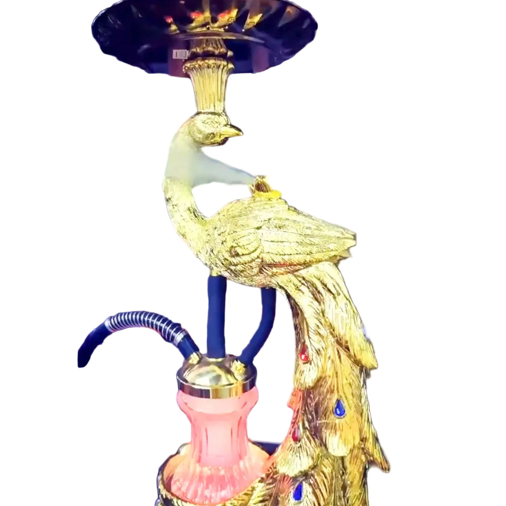 Decorative smoking device shaped like a peacock with gold and pink colors.