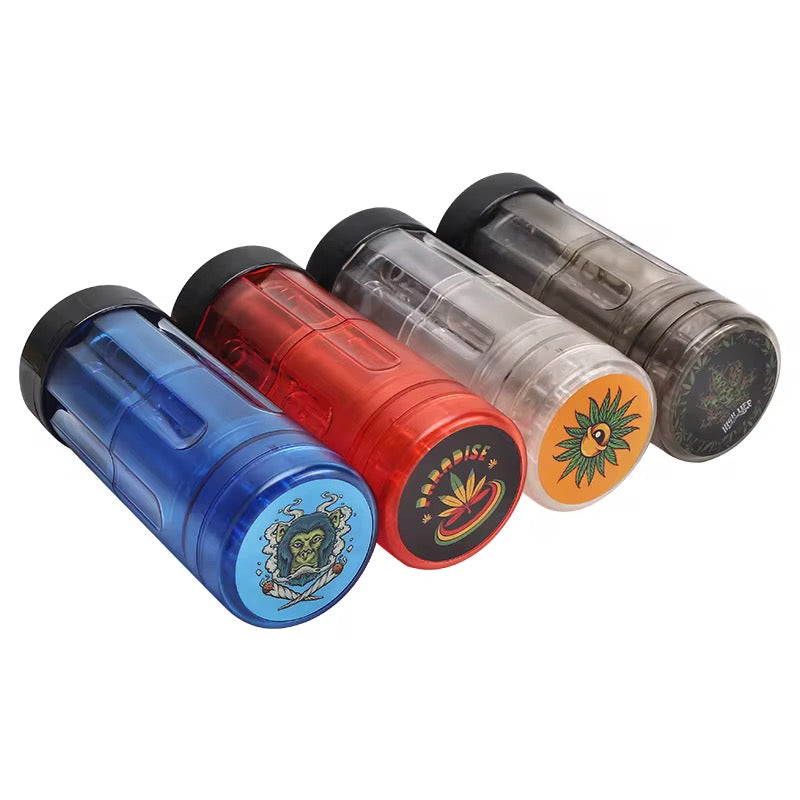 Set of four cylindrical containers with colorful designs on a white background