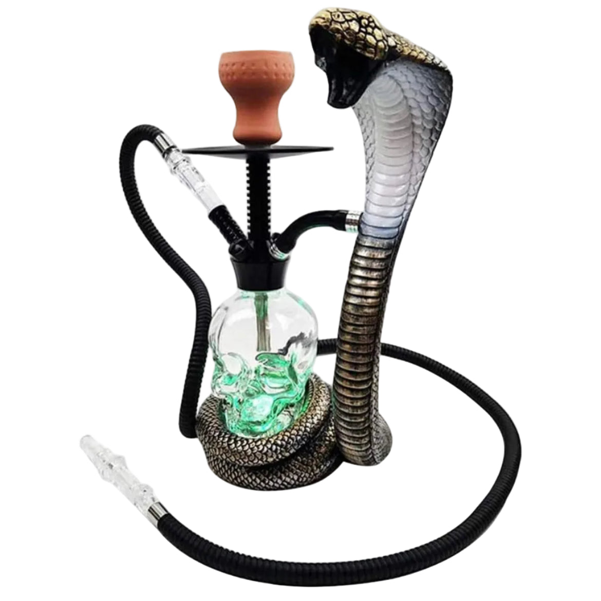 Hookah with snake design and glass bowl on a white background