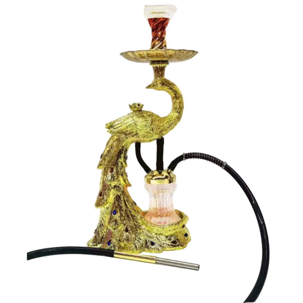 Decorative hookah with peacock design on a white background
