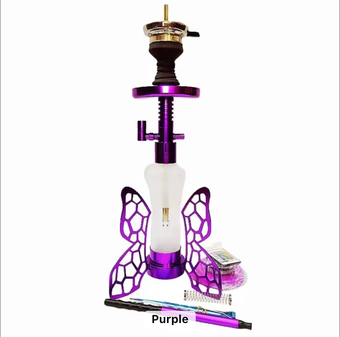 Purple butterfly-themed hookah with accessories on a white background