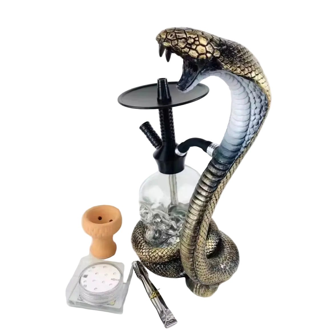 Hookah with a silver snake design on a white background