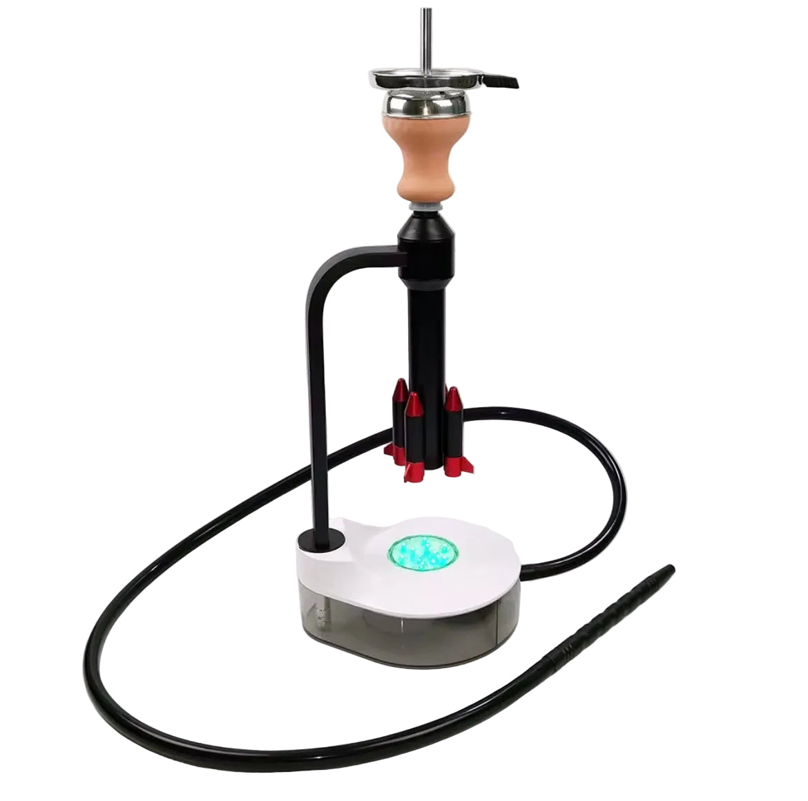Rocket black hookah with black hose and wooden top on a white background