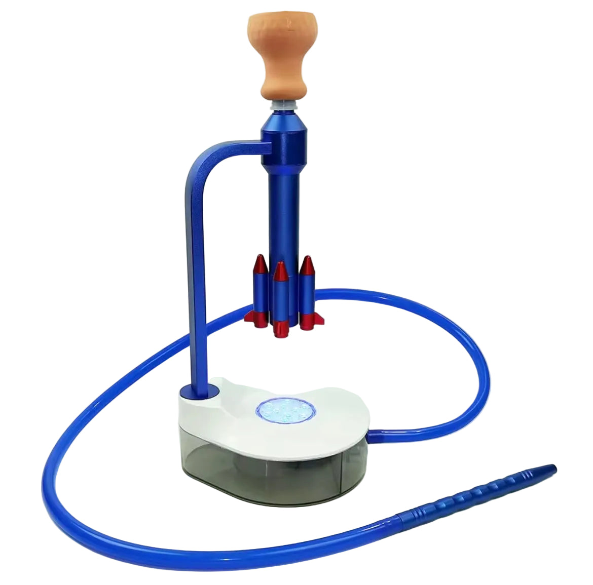 Rocket hookah with blue hose, wooden top, and rocket-shaped nozzles on a white background