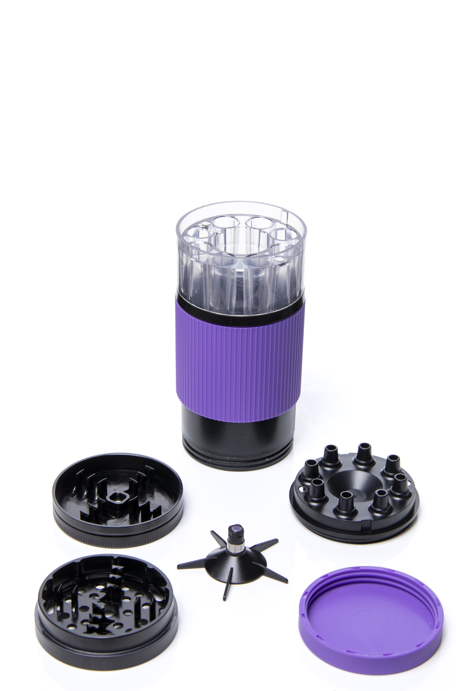 Xtendo 3-in-1 Grinder Pre-Roll Shooter (PURPLE) — Fill 8 Cones at Once with Precision