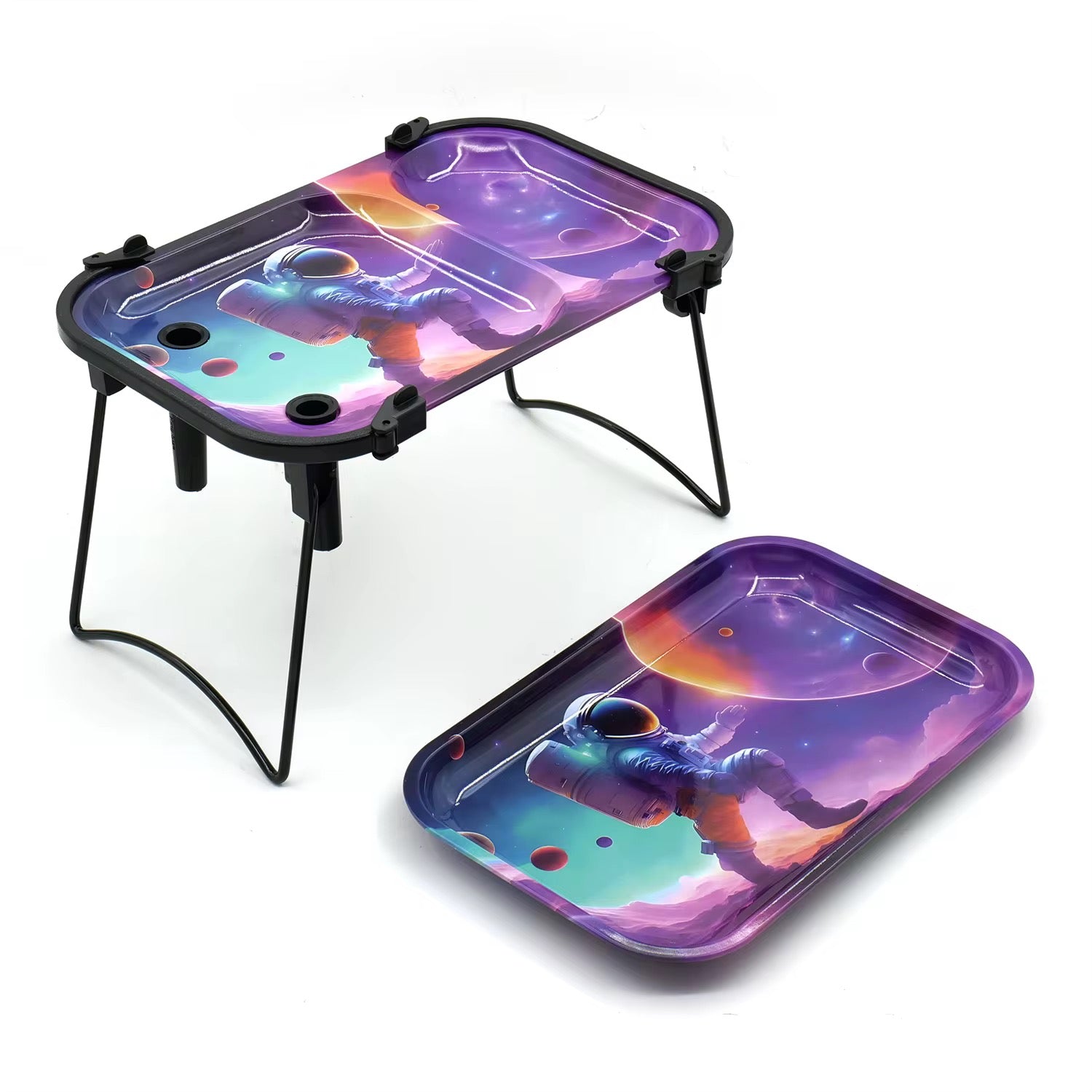 Foldable tray with space-themed design on a white background